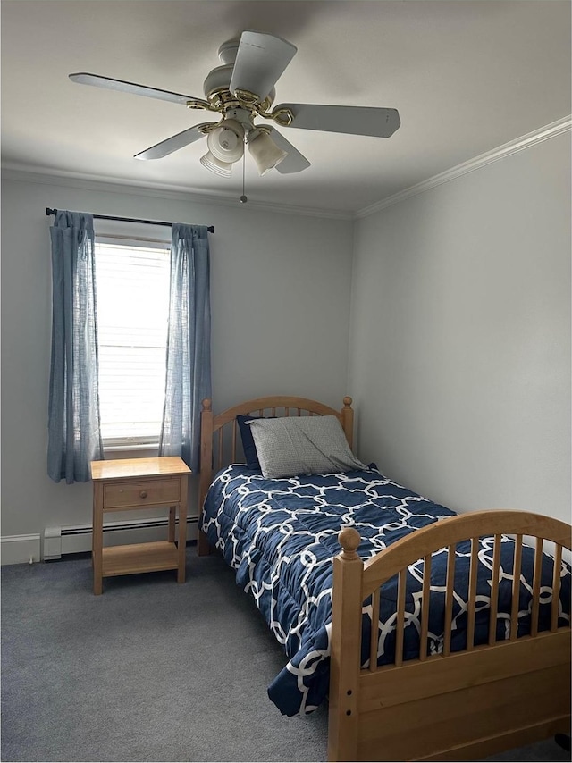 110 Driscoll Ave, Rockville Centre, NY 11570 - bedroom with crown molding, a baseboard radiator, carpet floors, and ceiling fan