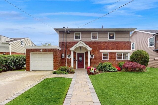 3408 Frederick St, Oceanside, NY 11572 - view of front of property with a front yard, brick siding, a garage, and concrete driveway