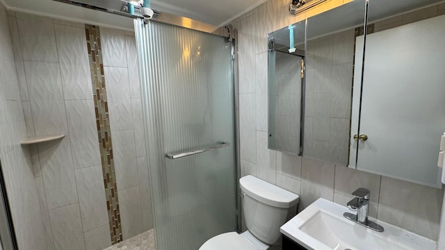15307 79th Ave, Flushing, NY 11367 - full bath with a stall shower, toilet, tile walls, vanity, and tasteful backsplash