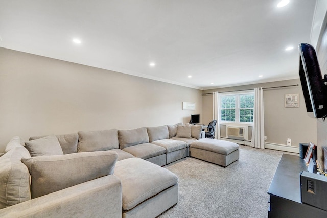 460 Old Town Rd Unit 25N, Port Jefferson Station, NY 11776 - carpeted living area with ornamental molding, recessed lighting, a baseboard radiator, and baseboards