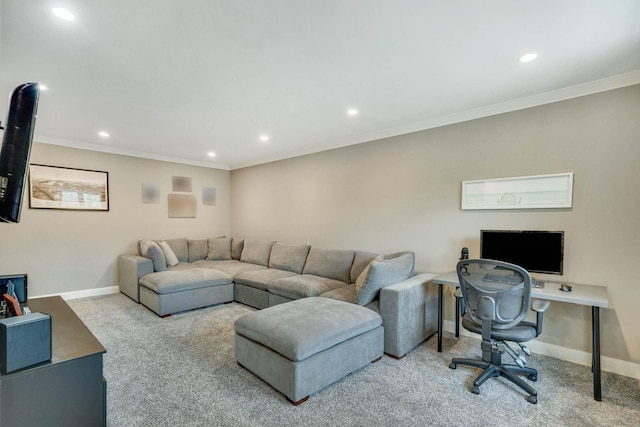 460 Old Town Rd Unit 25N, Port Jefferson Station, NY 11776 - carpeted living area with recessed lighting, baseboards, ornamental molding, and a desk