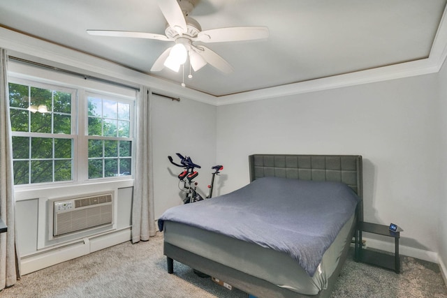 460 Old Town Rd Unit 25N, Port Jefferson Station, NY 11776 - bedroom featuring carpet floors, a wall mounted AC, ornamental molding, a baseboard heating unit, and ceiling fan