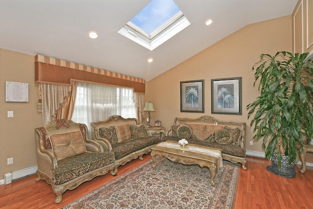 6 Country Ct, Farmingdale, NY 11735 - living room featuring a skylight, vaulted ceiling, wood finished floors, baseboards, and recessed lighting