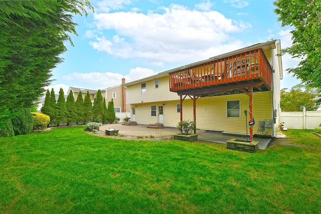 6 Country Ct, Farmingdale, NY 11735 - back of property featuring a patio, a wooden deck, and a chimney