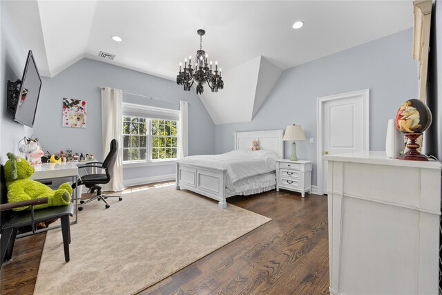 47 Valley Rd, Old Westbury, NY 11568 - bedroom featuring lofted ceiling, dark wood-type flooring, a desk, a chandelier, and recessed lighting