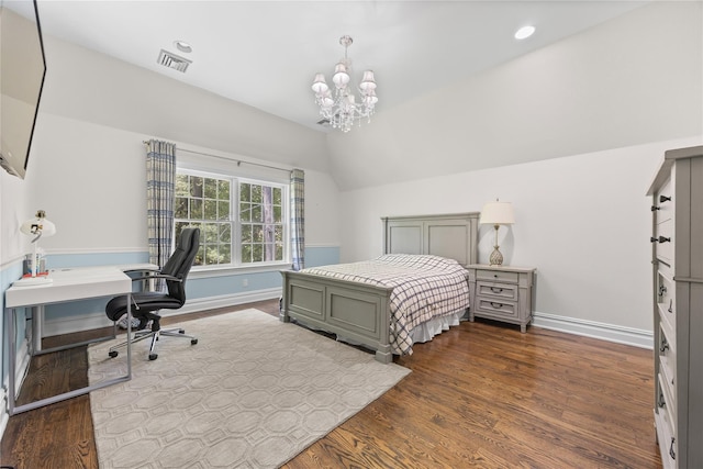 47 Valley Rd, Old Westbury, NY 11568 - bedroom with a chandelier, lofted ceiling, an office area, dark wood-style flooring, and baseboards