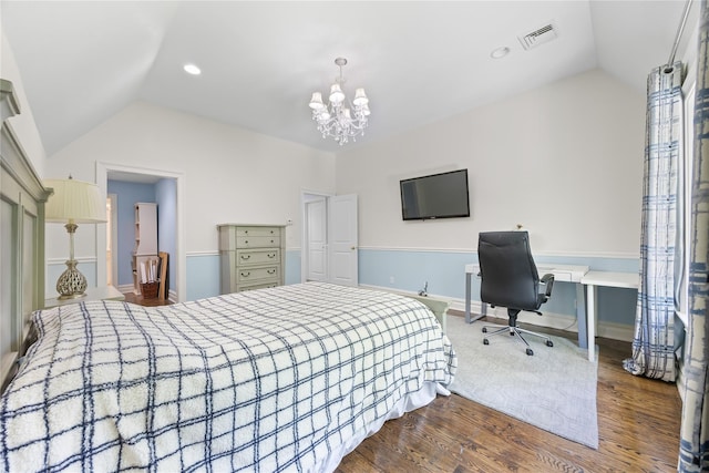 47 Valley Rd, Old Westbury, NY 11568 - bedroom featuring vaulted ceiling, wood finished floors, a chandelier, baseboards, and recessed lighting