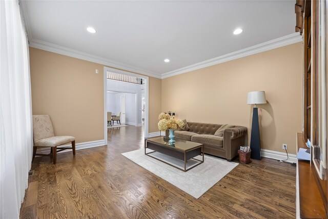 47 Valley Rd, Old Westbury, NY 11568 - living room with crown molding, baseboards, wood finished floors, and recessed lighting