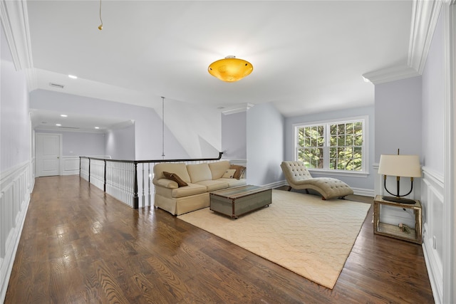 47 Valley Rd, Old Westbury, NY 11568 - living room with crown molding, a decorative wall, wood finished floors, a wainscoted wall, and recessed lighting