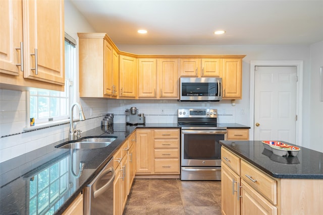 10 Wyche Way, Ossining, NY 10562 - kitchen with appliances with stainless steel finishes, light brown cabinetry, a sink, backsplash, and recessed lighting