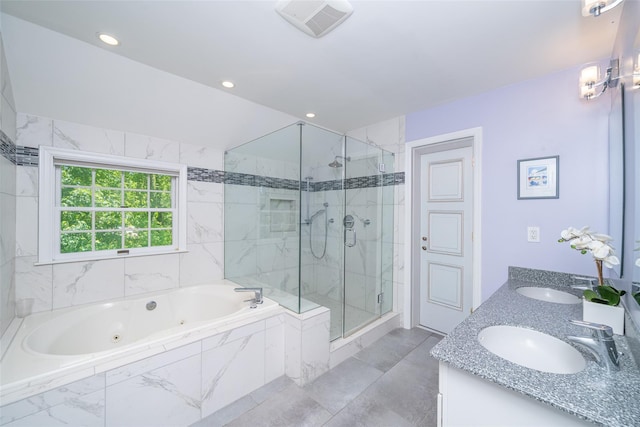 10 Wyche Way, Ossining, NY 10562 - full bathroom with a tub with jets, a marble finish shower, double vanity, and recessed lighting