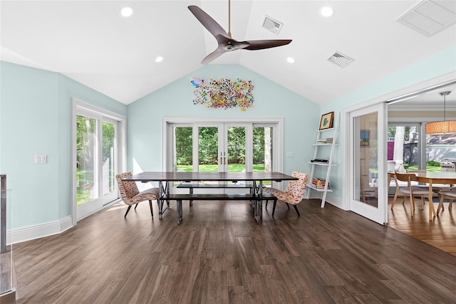 2360 Marlene Ln, Mattituck, NY 11952 - dining room featuring french doors, ceiling fan, wood finished floors, lofted ceiling, and baseboards
