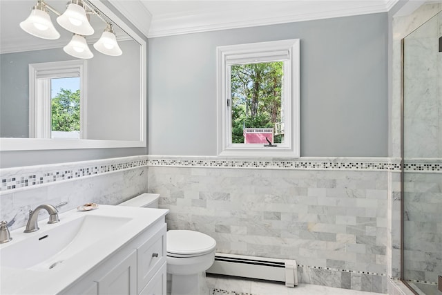 2360 Marlene Ln, Mattituck, NY 11952 - bathroom featuring a baseboard heating unit, tile walls, crown molding, vanity, and toilet