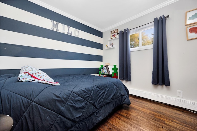 651 Hyman Ave, Bay Shore, NY 11706 - bedroom featuring crown molding, wood finished floors, and a baseboard heating unit