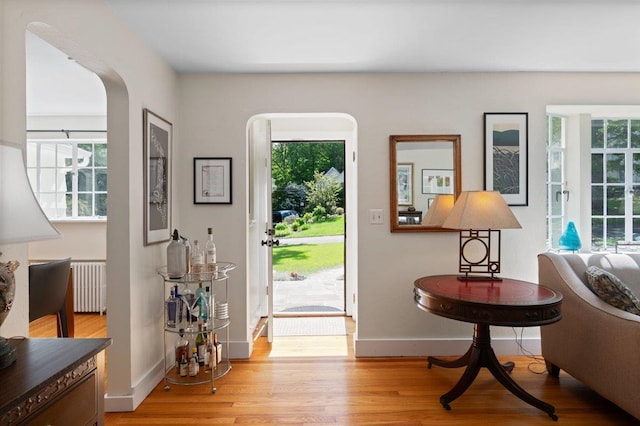 3 Reigate Pl, Suffern, NY 10901 - entrance foyer featuring radiator heating unit, light wood-style flooring, baseboards, and arched walkways