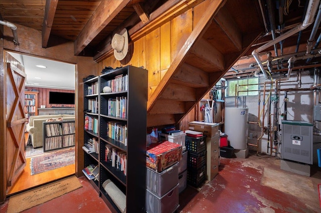 3 Reigate Pl, Suffern, NY 10901 - misc room with water heater, concrete floors, and beamed ceiling