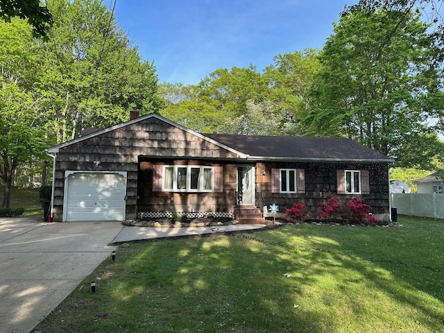 522 Starlight Dr, Shirley, NY 11967 - single story home featuring an attached garage, concrete driveway, a chimney, and entry steps