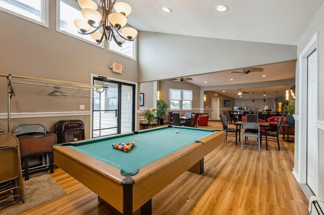 240 Mariners Way, Copiague, NY 11726 - rec room with wood finished floors, billiards, a chandelier, recessed lighting, and a baseboard radiator