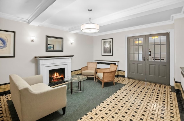 1 Bronxville Rd Unit 6M, Bronxville, NY 10708 - living area with french doors, a warm lit fireplace, crown molding, beam ceiling, and baseboards