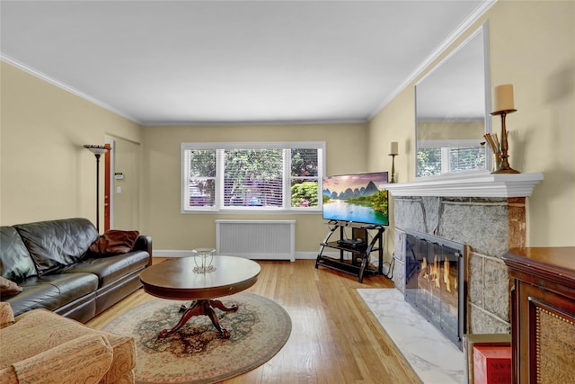 61 Maple Dr, New Hyde Park, NY 11040 - living area featuring radiator, a tiled fireplace, wood finished floors, crown molding, and baseboards