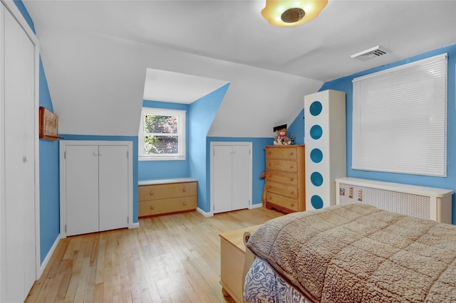 61 Maple Dr, New Hyde Park, NY 11040 - bedroom with radiator, light wood-style flooring, lofted ceiling, two closets, and baseboards
