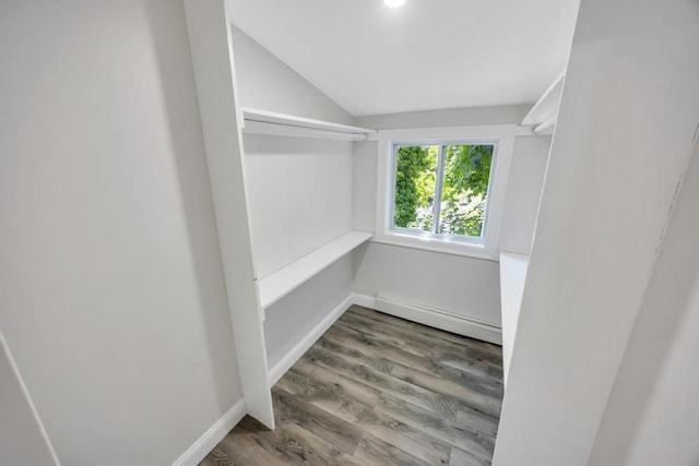 63 Ridgeway Ave, Setauket, NY 11733 - spacious closet featuring lofted ceiling, baseboard heating, and wood finished floors