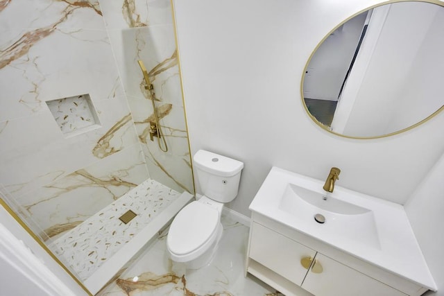 63 Ridgeway Ave, Setauket, NY 11733 - bathroom with marble look tile flooring, toilet, a marble finish shower, and vanity
