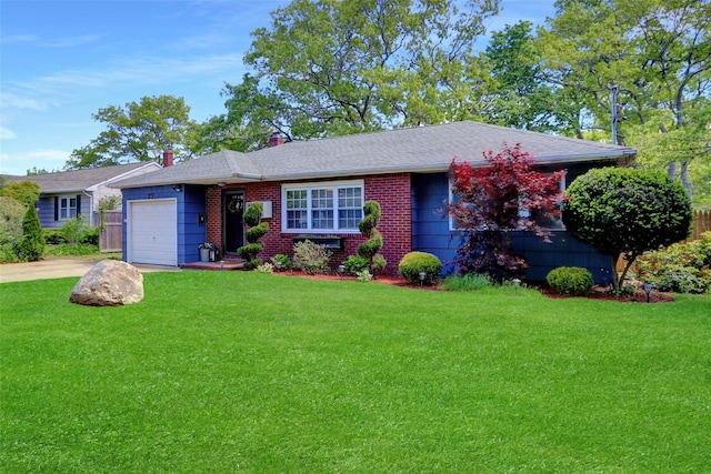 77 N Prospect Ave, Patchogue, NY 11772 - ranch-style house featuring a garage, a front yard, concrete driveway, and brick siding