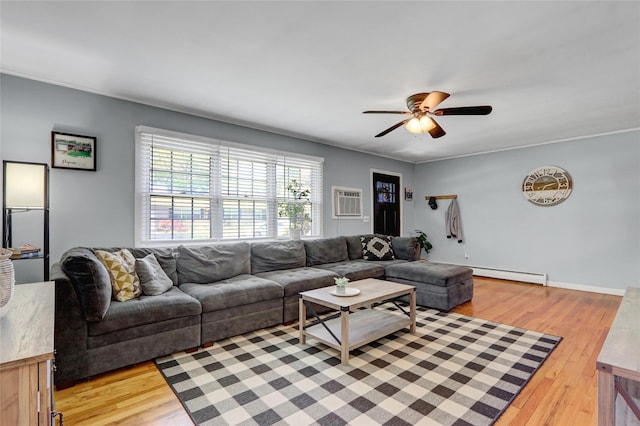 77 N Prospect Ave, Patchogue, NY 11772 - living room featuring light wood-style floors, ceiling fan, a baseboard radiator, and a wall mounted air conditioner