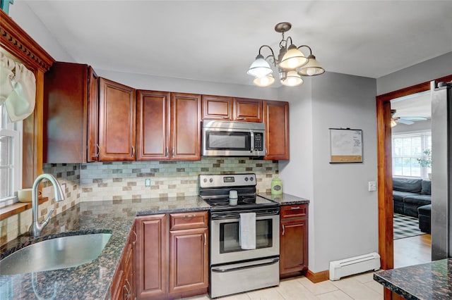 77 N Prospect Ave, Patchogue, NY 11772 - kitchen with appliances with stainless steel finishes, a baseboard heating unit, a sink, backsplash, and a chandelier