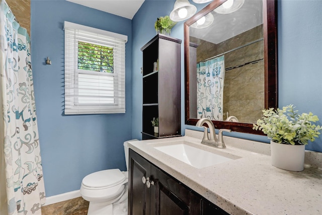 77 N Prospect Ave, Patchogue, NY 11772 - full bathroom with toilet, vanity, a shower with shower curtain, and baseboards