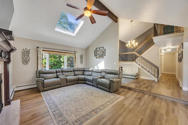 5 Firwood Dr, Farmingville, NY 11738 - living area featuring stairs, beam ceiling, wood finished floors, a chandelier, and high vaulted ceiling