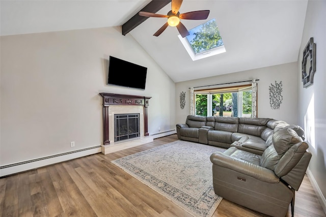 5 Firwood Dr, Farmingville, NY 11738 - living area with a ceiling fan, beam ceiling, a skylight, wood finished floors, and a baseboard radiator