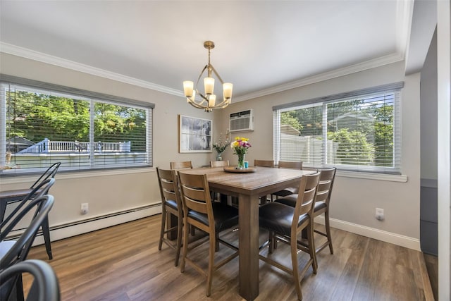 5 Firwood Dr, Farmingville, NY 11738 - dining space featuring a chandelier, crown molding, wood finished floors, a wall mounted air conditioner, and baseboards