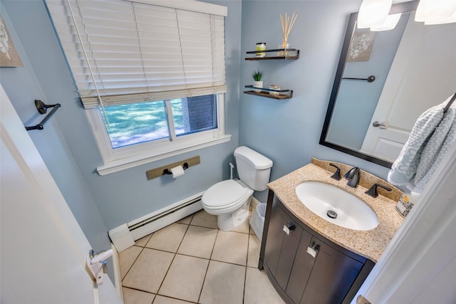5 Firwood Dr, Farmingville, NY 11738 - half bathroom featuring a baseboard heating unit, tile patterned floors, toilet, and vanity