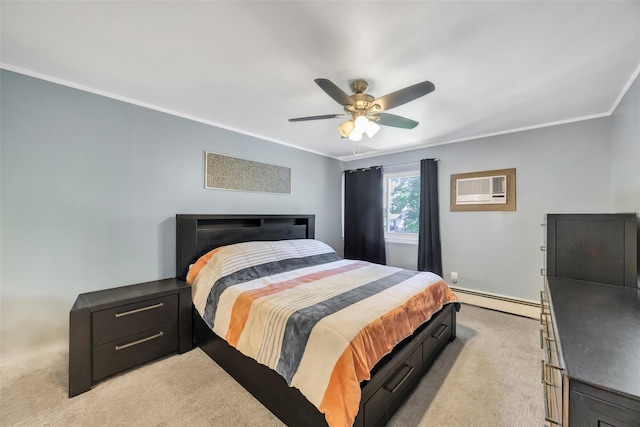 5 Firwood Dr, Farmingville, NY 11738 - bedroom featuring a baseboard heating unit, light colored carpet, an AC wall unit, ornamental molding, and ceiling fan