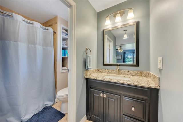 5 Firwood Dr, Farmingville, NY 11738 - bathroom with toilet, vanity, tile patterned floors, a ceiling fan, and curtained shower
