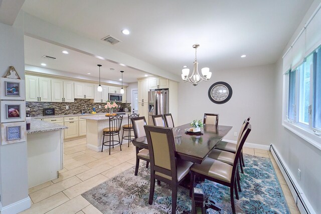 2 Hawthorne St, Farmingdale, NY 11735 - dining room with baseboard heating, recessed lighting, a chandelier, light tile patterned floors, and baseboards