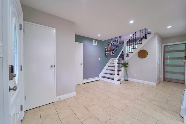 2 Hawthorne St, Farmingdale, NY 11735 - entrance foyer with a baseboard radiator, stairway, recessed lighting, and baseboards
