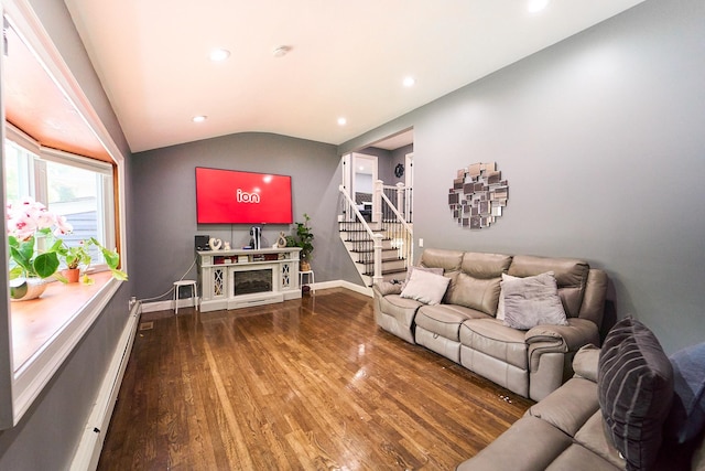 2 Hawthorne St, Farmingdale, NY 11735 - living room with wood finished floors, stairs, vaulted ceiling, recessed lighting, and baseboards