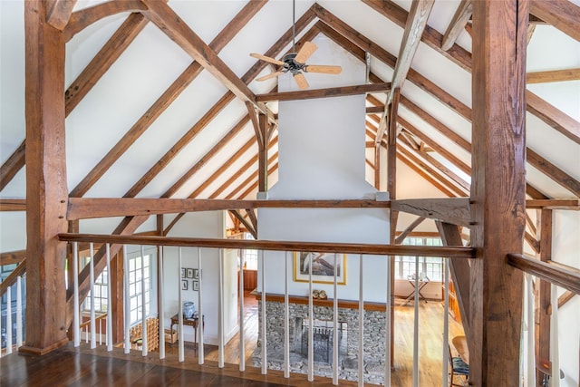 139 Charlie Hill Rd, Millerton, NY 12546 - detailed view of beamed ceiling, wood finished floors, and a ceiling fan