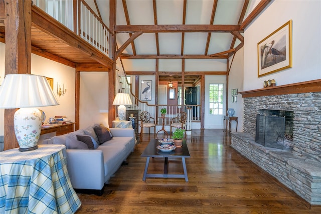 139 Charlie Hill Rd, Millerton, NY 12546 - living area featuring a stone fireplace, high vaulted ceiling, and wood finished floors
