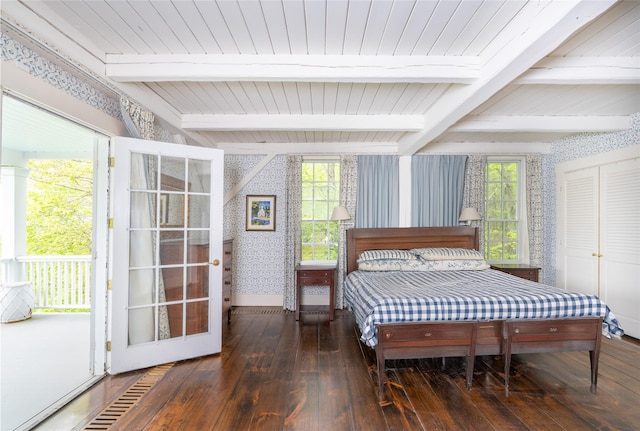 139 Charlie Hill Rd, Millerton, NY 12546 - bedroom featuring wallpapered walls, wood-type flooring, beam ceiling, and baseboards