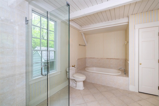139 Charlie Hill Rd, Millerton, NY 12546 - bathroom featuring wallpapered walls, tile patterned floors, a garden tub, toilet, and a stall shower