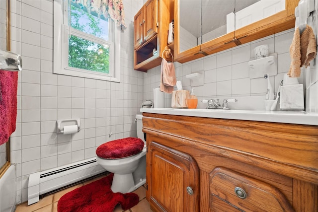 397 Mine Rd, Monroe, NY 10950 - full bathroom with tile walls, baseboard heating, toilet, tile patterned flooring, and backsplash