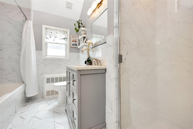 15 W Forest Ave, Freeport, NY 11520 - bathroom featuring radiator, marble finish flooring, vanity, toilet, and tile walls
