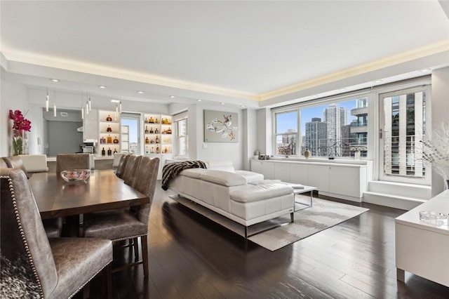 205 E 63rd St Phe, Phe New York Manhattan, NY 10065 - living room with dark wood-style flooring, a view of city, recessed lighting, and a tray ceiling