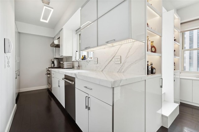 205 E 63rd St Phe, Phe New York Manhattan, NY 10065 - kitchen with dishwasher, baseboards, white cabinetry, and dark wood-style floors