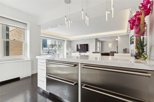 205 E 63rd St Phe, Phe New York Manhattan, NY 10065 - kitchen featuring dark wood finished floors, plenty of natural light, light stone counters, and white cabinetry