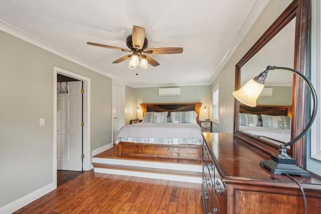 49 Brook Trl, Greenwood Lake, NY 10925 - bedroom with baseboards, dark wood finished floors, crown molding, and a wall mounted AC